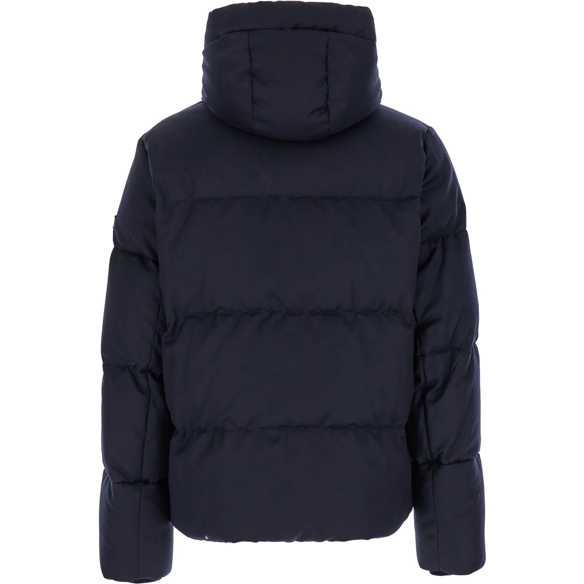 Antoldo Blue Down Jacket with Hood and Logo Patch in Wool Man
