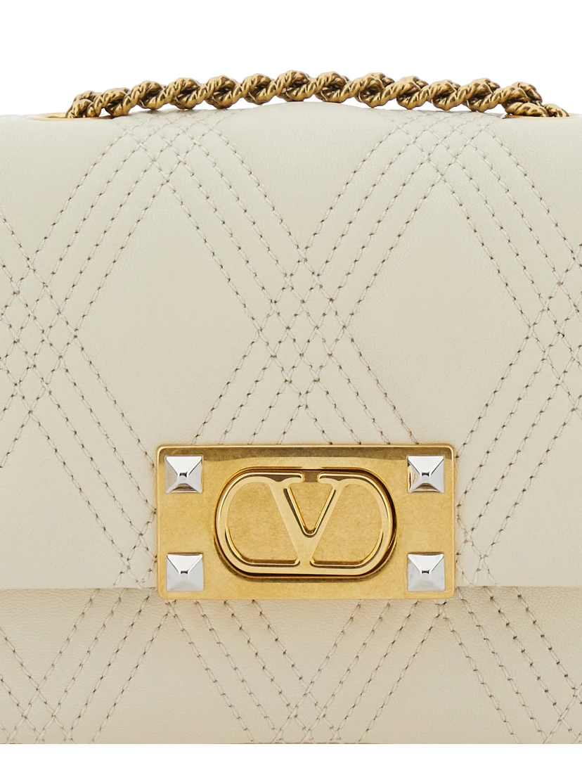 Quiltie 67 White Crossbody Bag with VLogo Plaque on the Front and Diamond QUilted Design in Leather Woman
