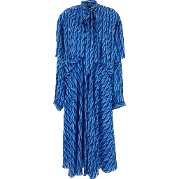 Blue Long Dress with All-Over Print and Bow Closure in Fabric Woman