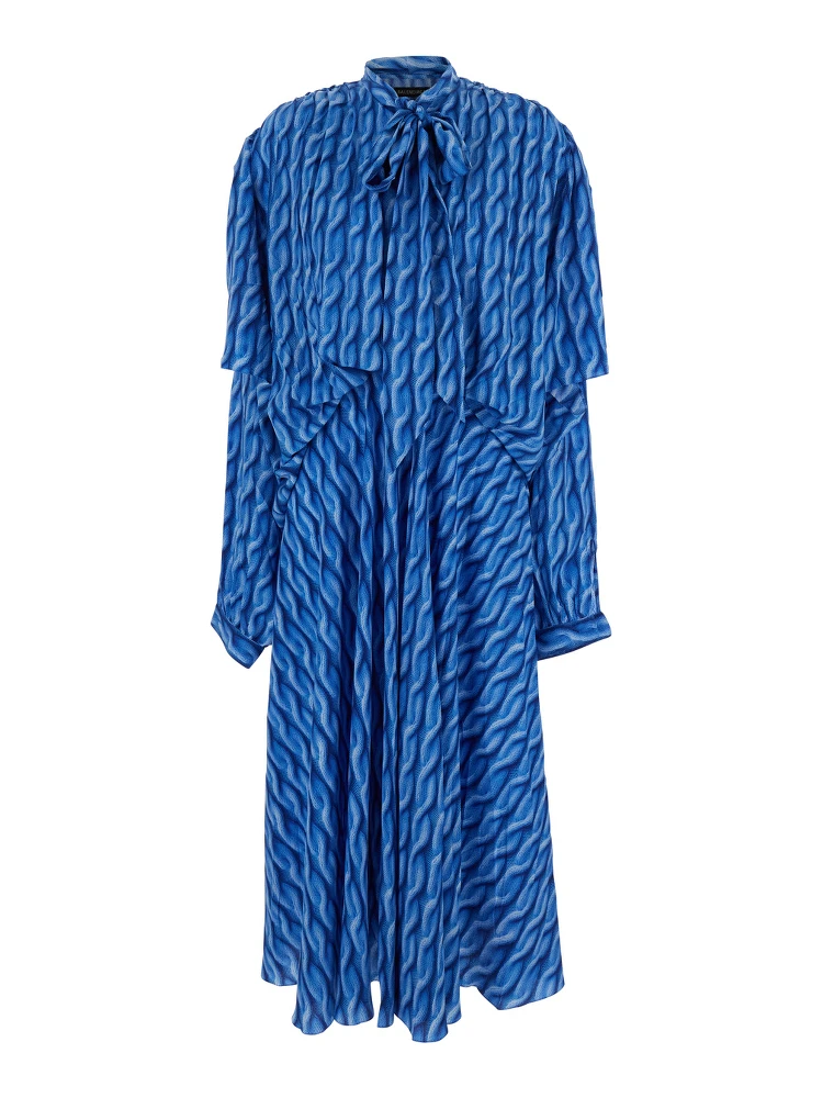 Blue Long Dress with All-Over Print and Bow Closure in Fabric Woman