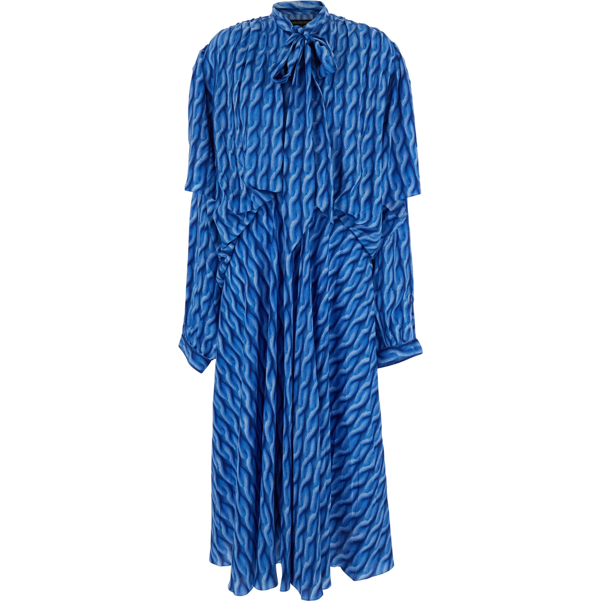 Blue Long Dress with All-Over Print and Bow Closure in Fabric Woman