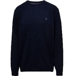 Blue Crewneck Sweater with Pony Logo Embroidered on the Front in Wool Man