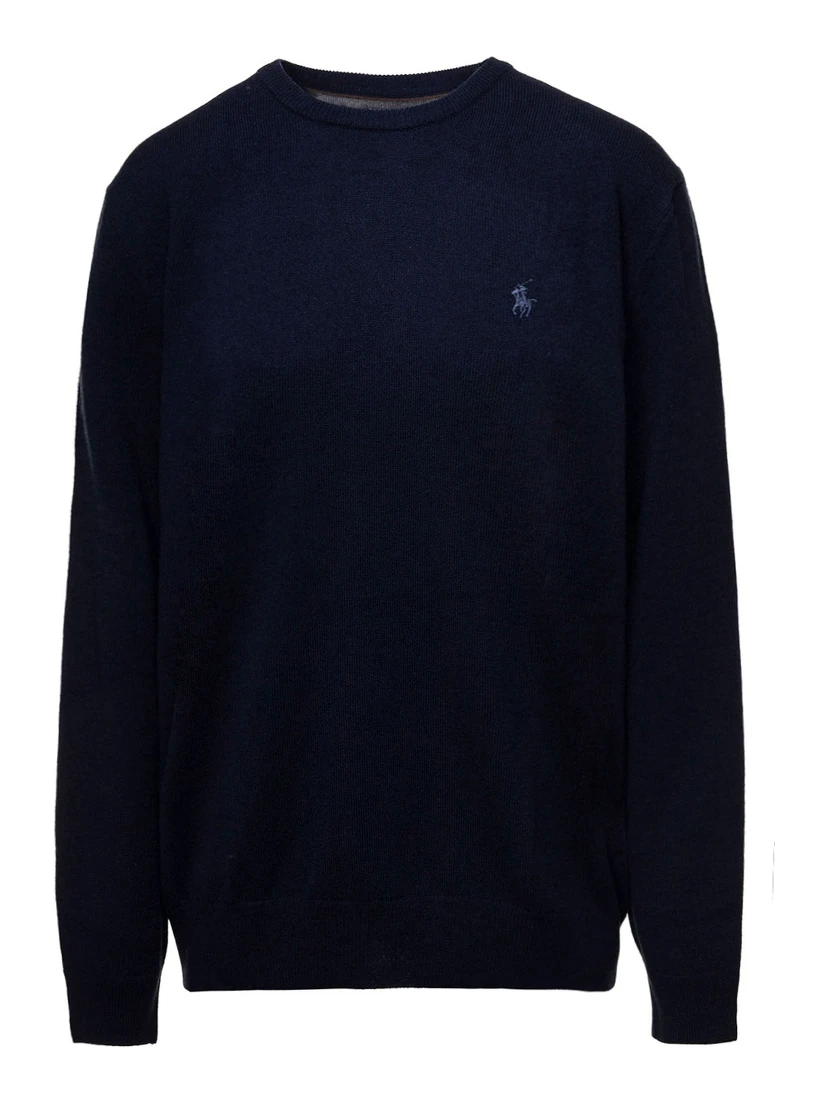 Blue Crewneck Sweater with Pony Logo Embroidered on the Front in Wool Man