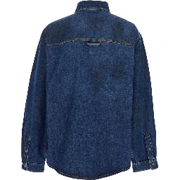 Blue Shirt with Pointed Collar and Logo Patch on the Front in Denim Man