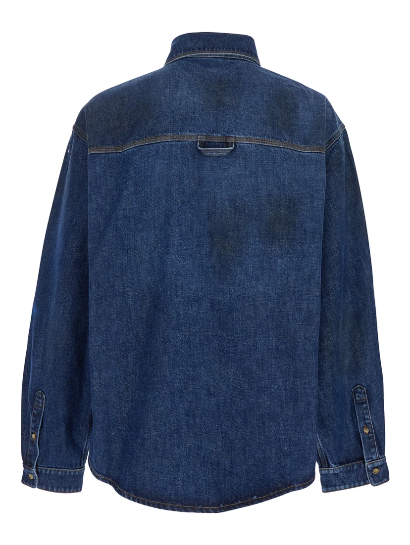 Blue Shirt with Pointed Collar and Logo Patch on the Front in Denim Man