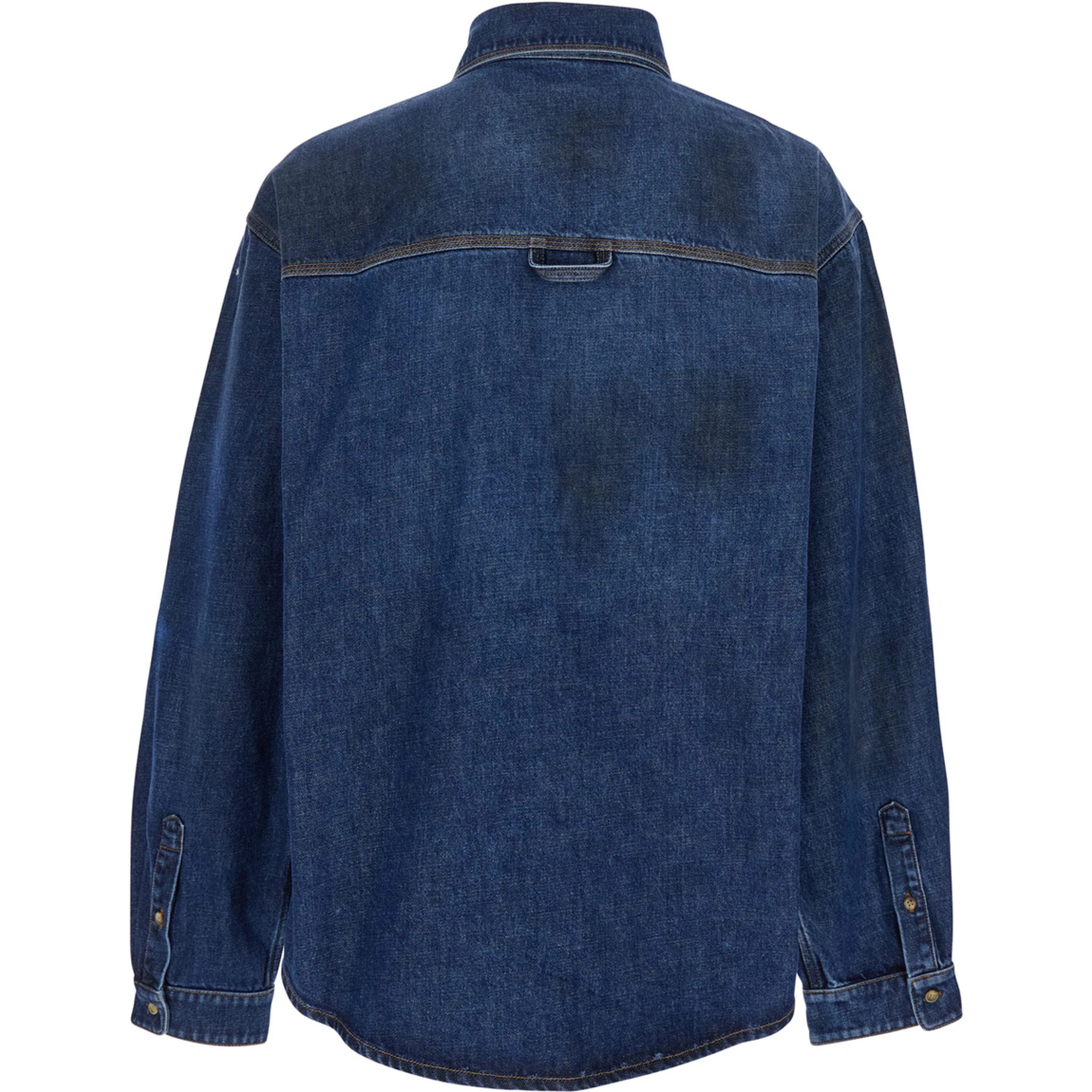 Blue Shirt with Pointed Collar and Logo Patch on the Front in Denim Man