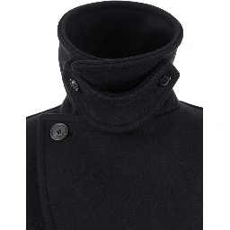 Black Double-Breasted Coat with Classic Wide Revers in Wool Woman