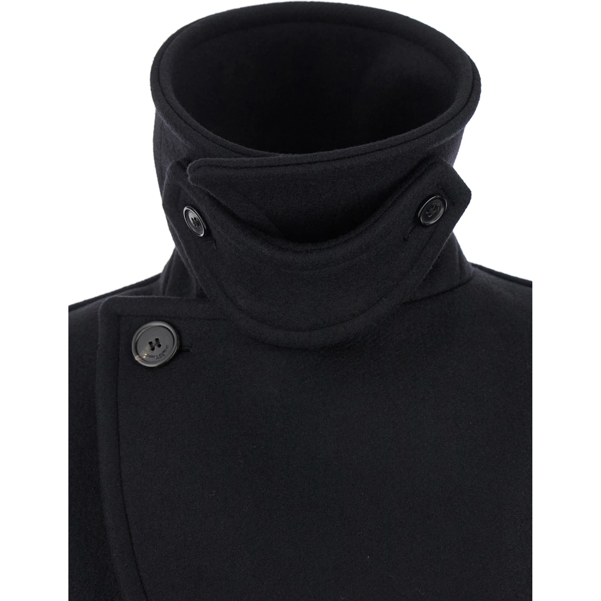 Black Double-Breasted Coat with Classic Wide Revers in Wool Woman