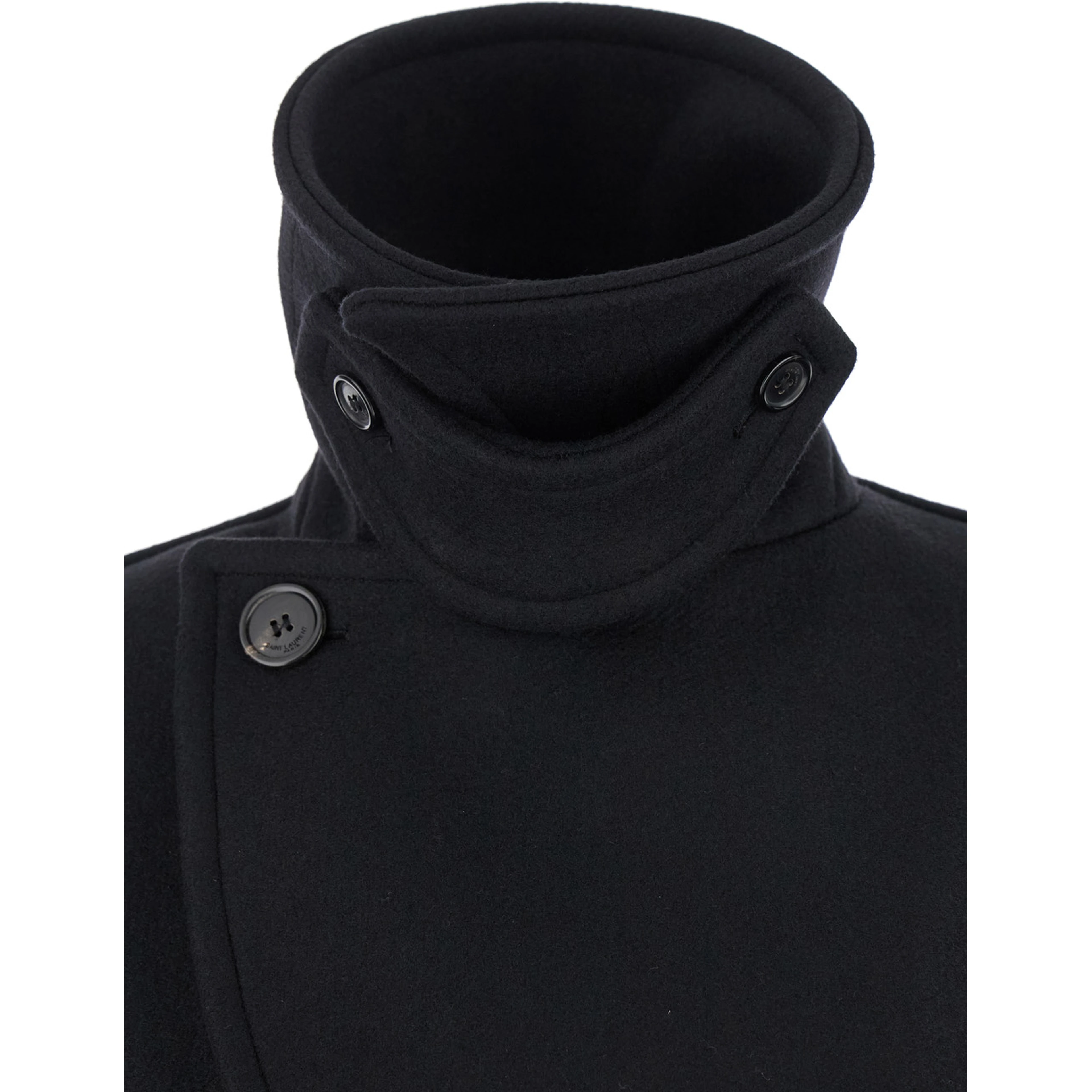 Black Double-Breasted Coat with Classic Wide Revers in Wool Woman