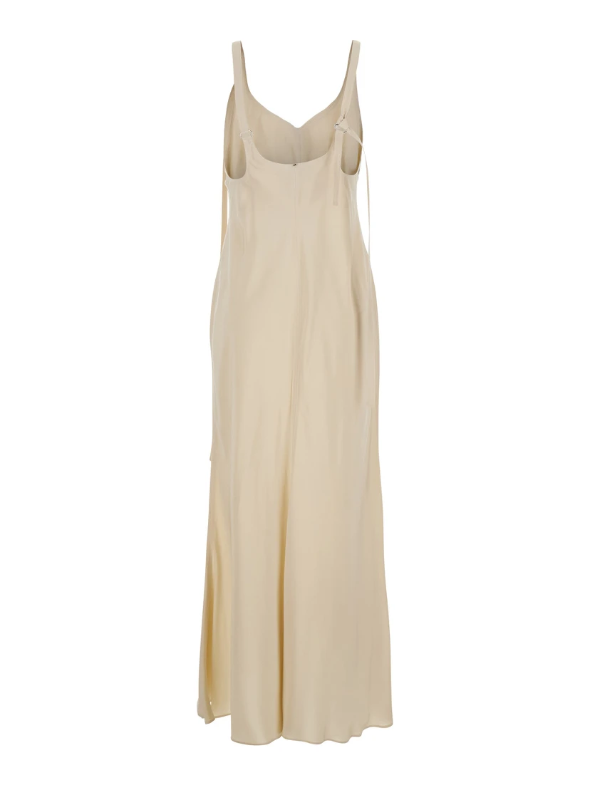 فستان طويل بيج من أونيون بياقة على شكل حرف V وأحزمة قابلة للتعديل من الفسكوز للنساء