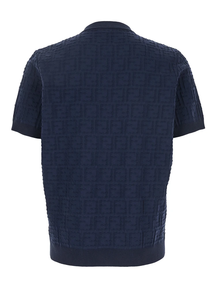 Blue Crewneck T-Shirt with All-Over FF Logo Embroidery in Cotton Man alternative
