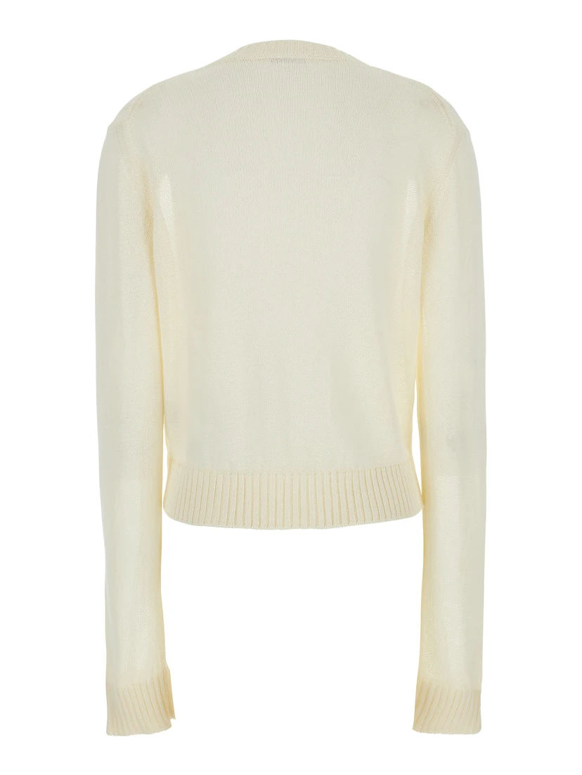 White Cropped Crewneck Sweater with Tonal Logo Embroidery in Cotton Woman