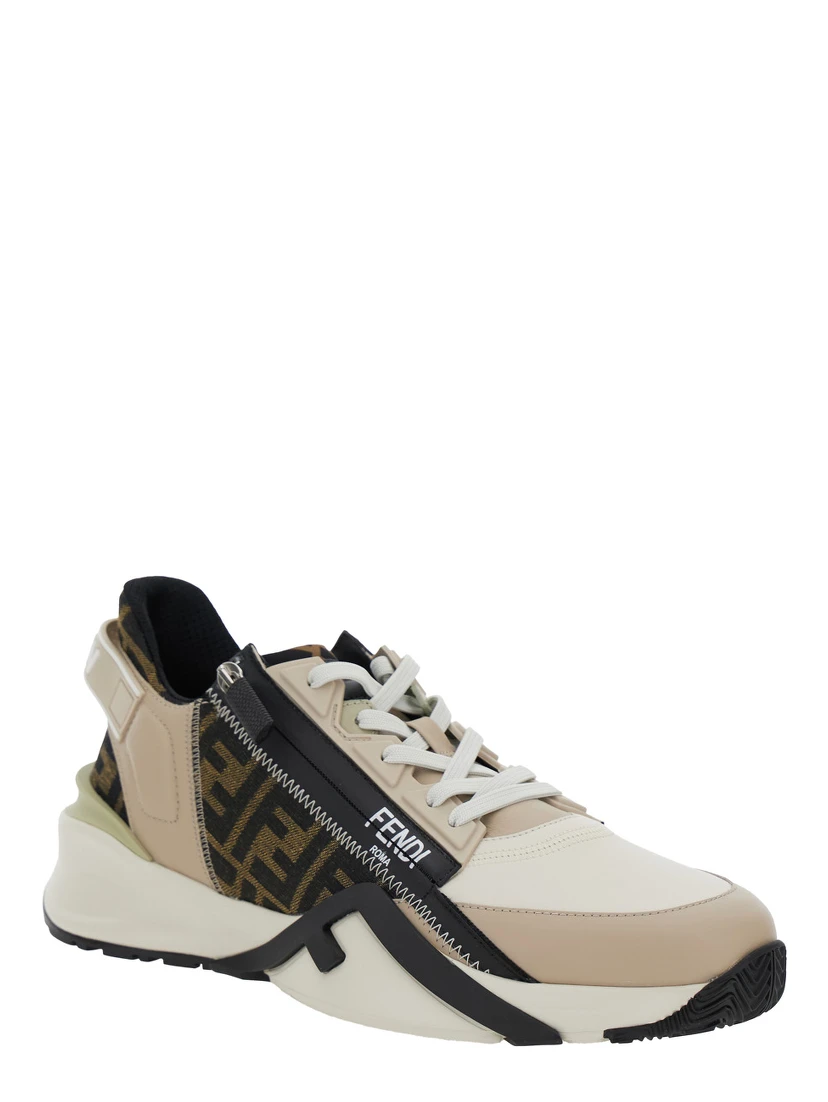 حذاء رياضي رجالي من الجلد من ماركة فندي، طراز فلو بيج، بتصميم منخفض وشعار العلامة التجارية.