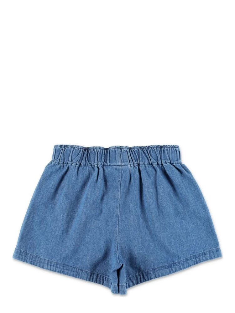 Blue Shorts with Elastic Waist and Music Notes Embroidery on the Front in Denim Girl alternative