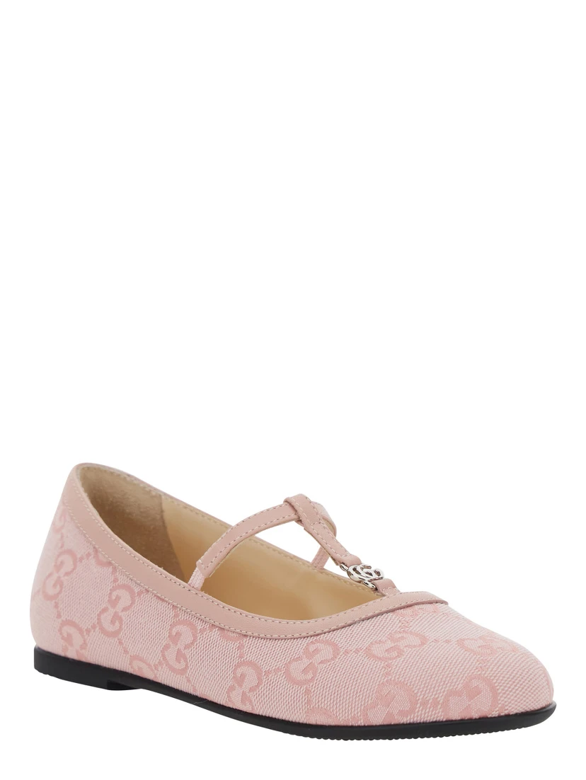 Pink Ballerinas with Metallic Logo and All-Over GG Motif in Fabric Girl