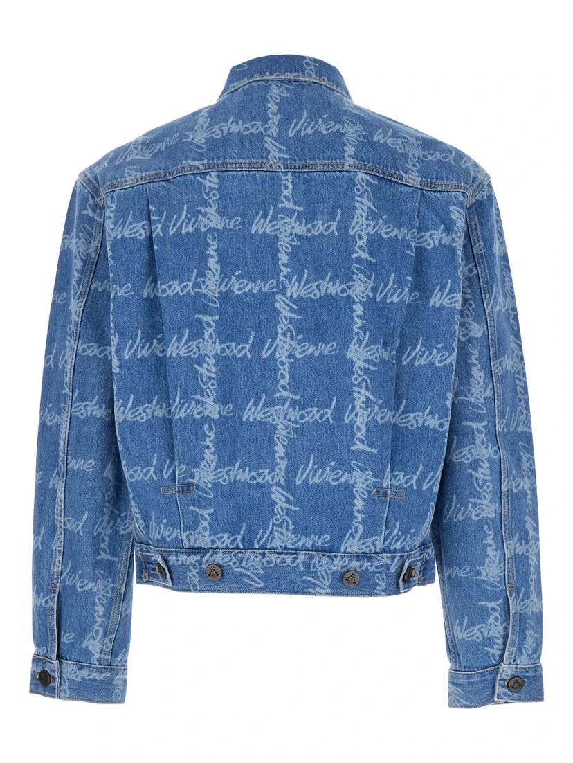Marlene Blue Jacket with All-Over Printed Lettering Logo in Denim Man