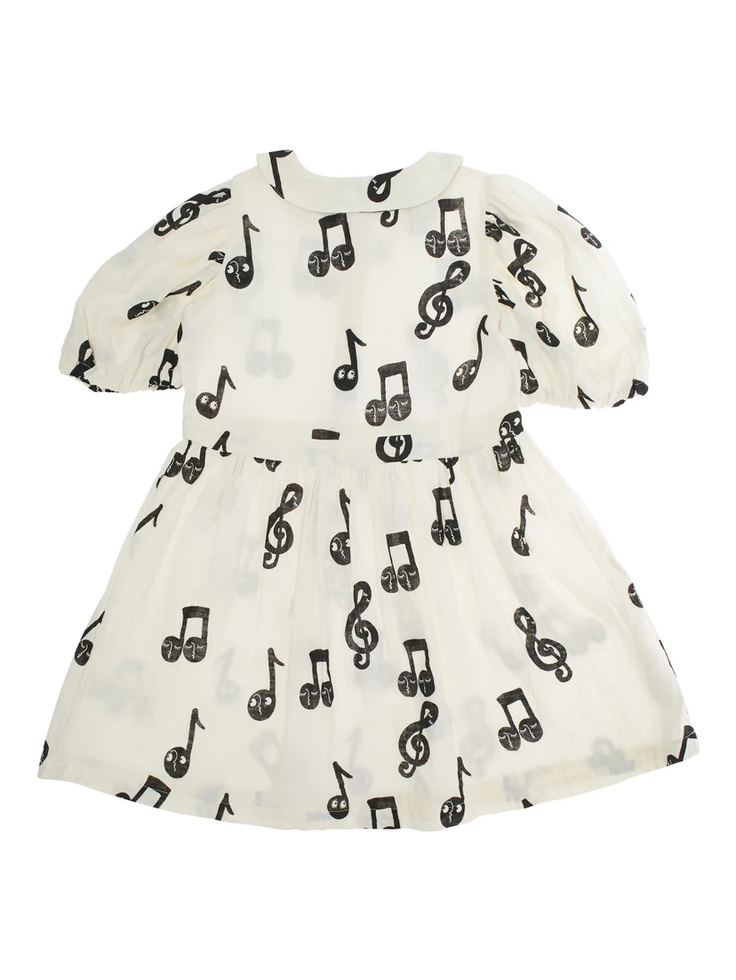 White Dress with All-Over Printed Musical Notes in Cotton Girl