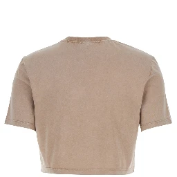 Beige T-shirt with Cropped Design and Raised Logo on the Front in Cotton Woman