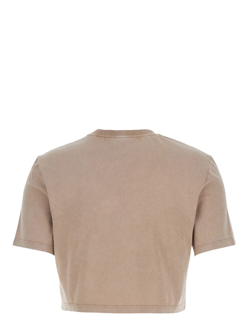 Beige T-shirt with Cropped Design and Raised Logo on the Front in Cotton Woman