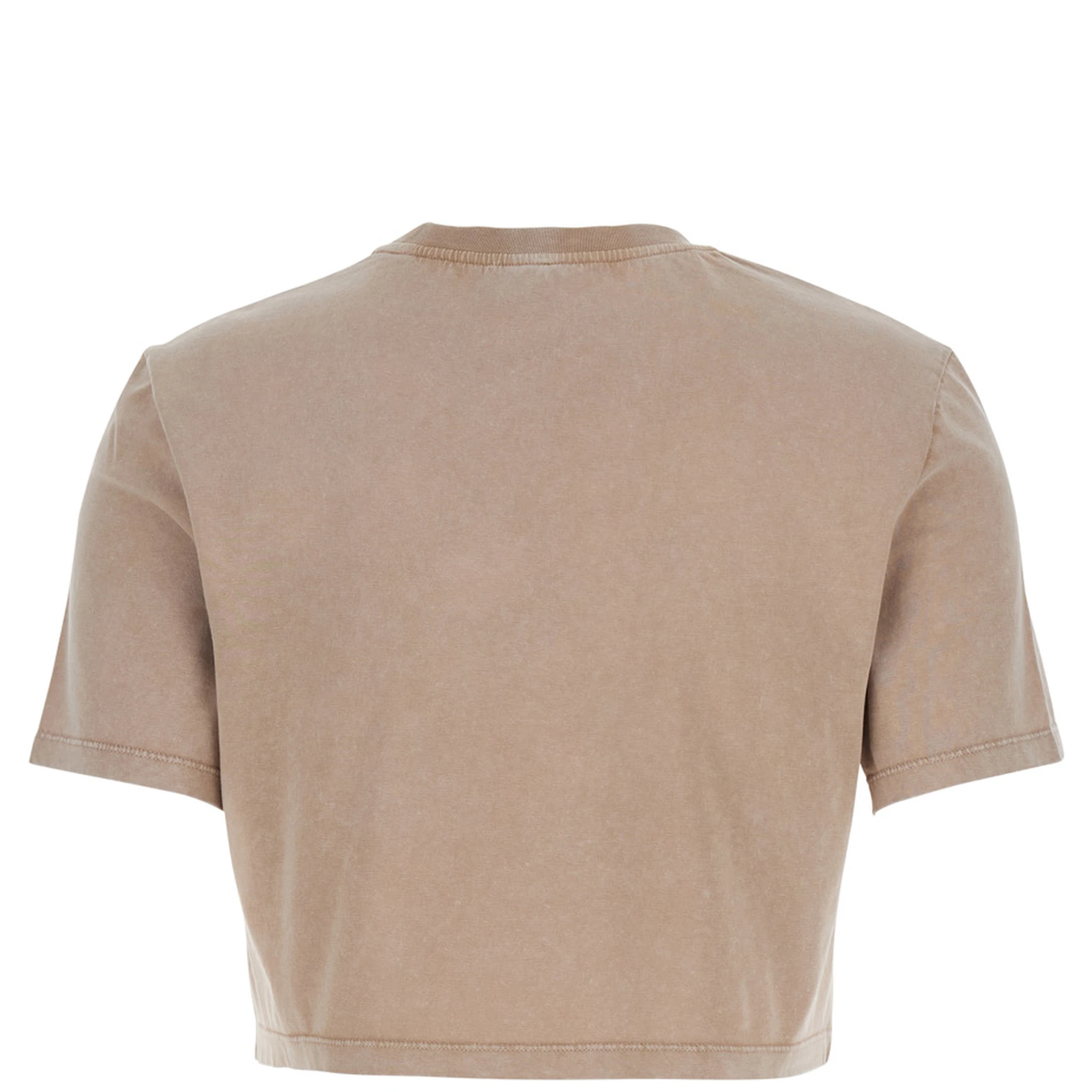 Beige T-shirt with Cropped Design and Raised Logo on the Front in Cotton Woman
