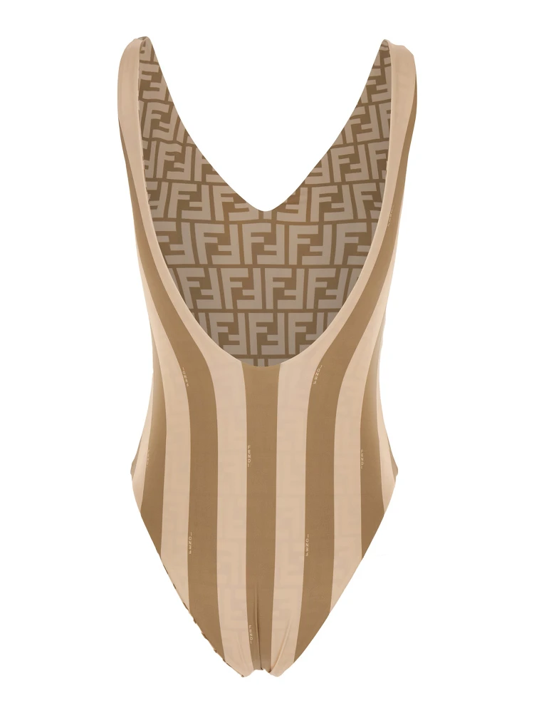 Beige Reversible Swimsuit with V Neck and All-Over Striped Motif in Tech Fabric Stretch Woman alternative