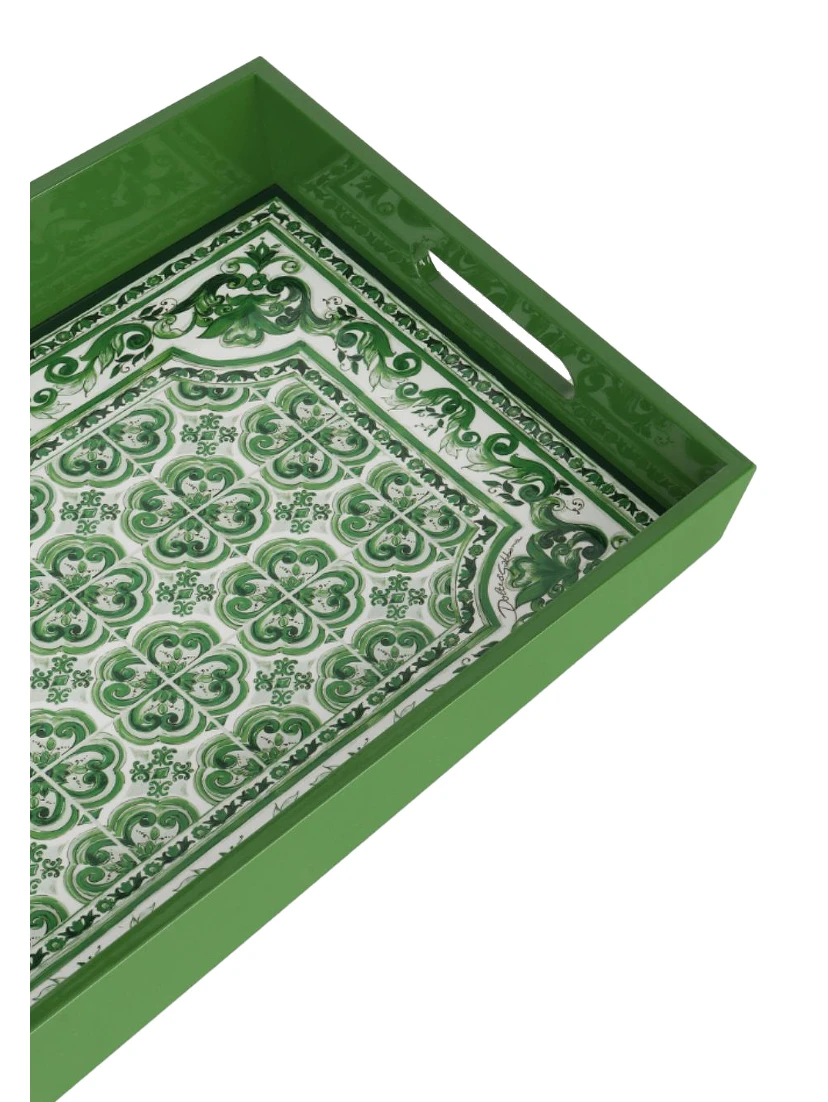 Green Rectangular Tray with Maiolica Motif in Plexiglass Home