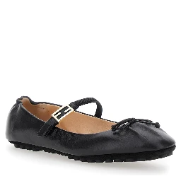 Black Ballerinas with Curled Heel and FF Logo Plaque on the Strap in Leather Woman