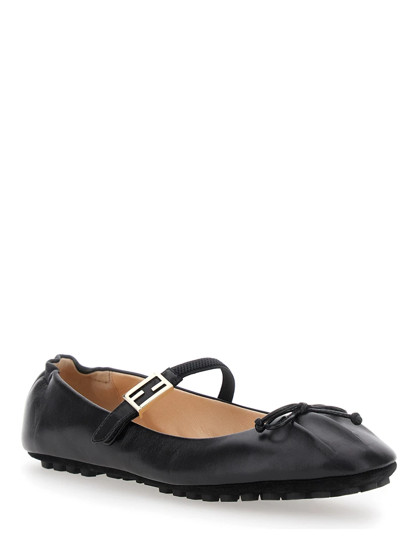 Black Ballerinas with Curled Heel and FF Logo Plaque on the Strap in Leather Woman