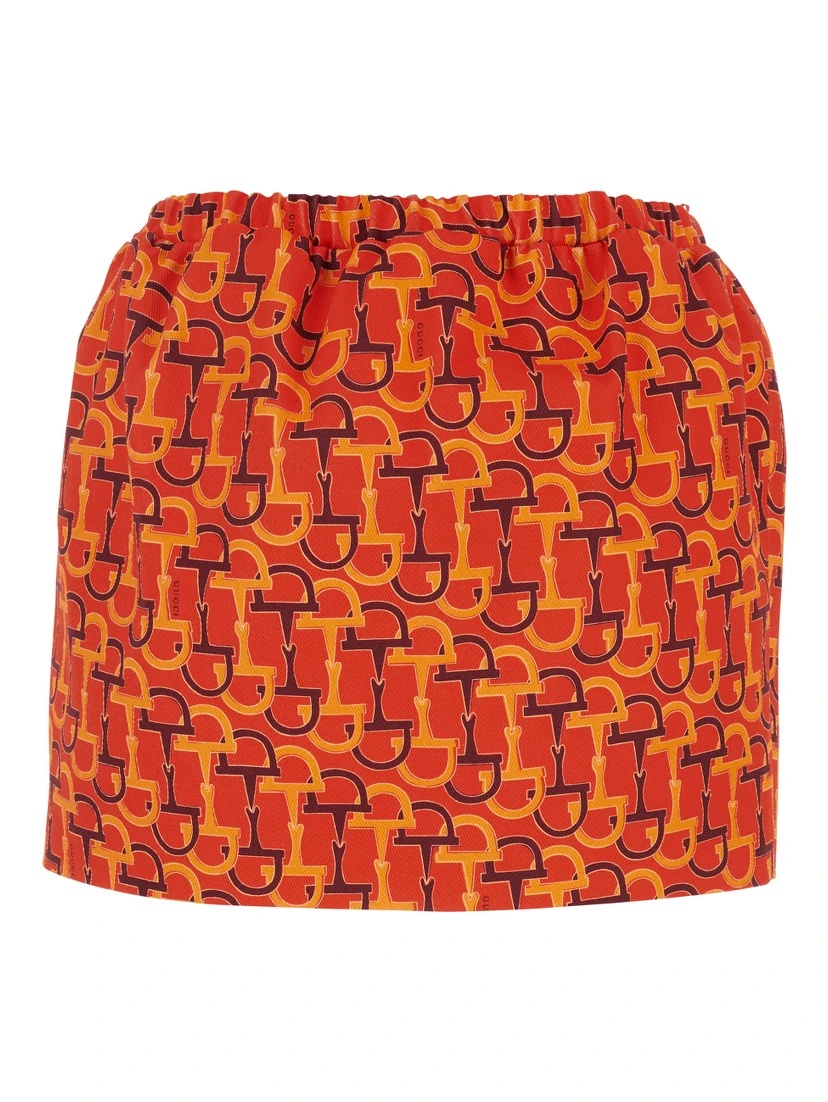 Orange Skirt with Elastic Waist and All-Over Horsebit Print in Cotton Woman