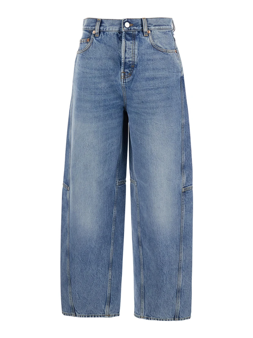 Blue Jeans with Logo Patch on the Rear and Wide Leg in Denim Woman