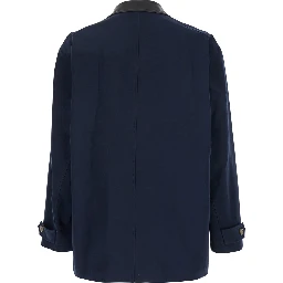 Blue Jacket with Leather Collar and Welt Chest Pockets in Cotton Man