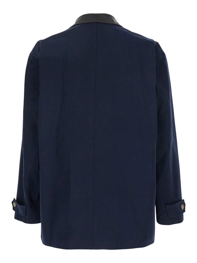 Blue Jacket with Leather Collar and Welt Chest Pockets in Cotton Man alternative