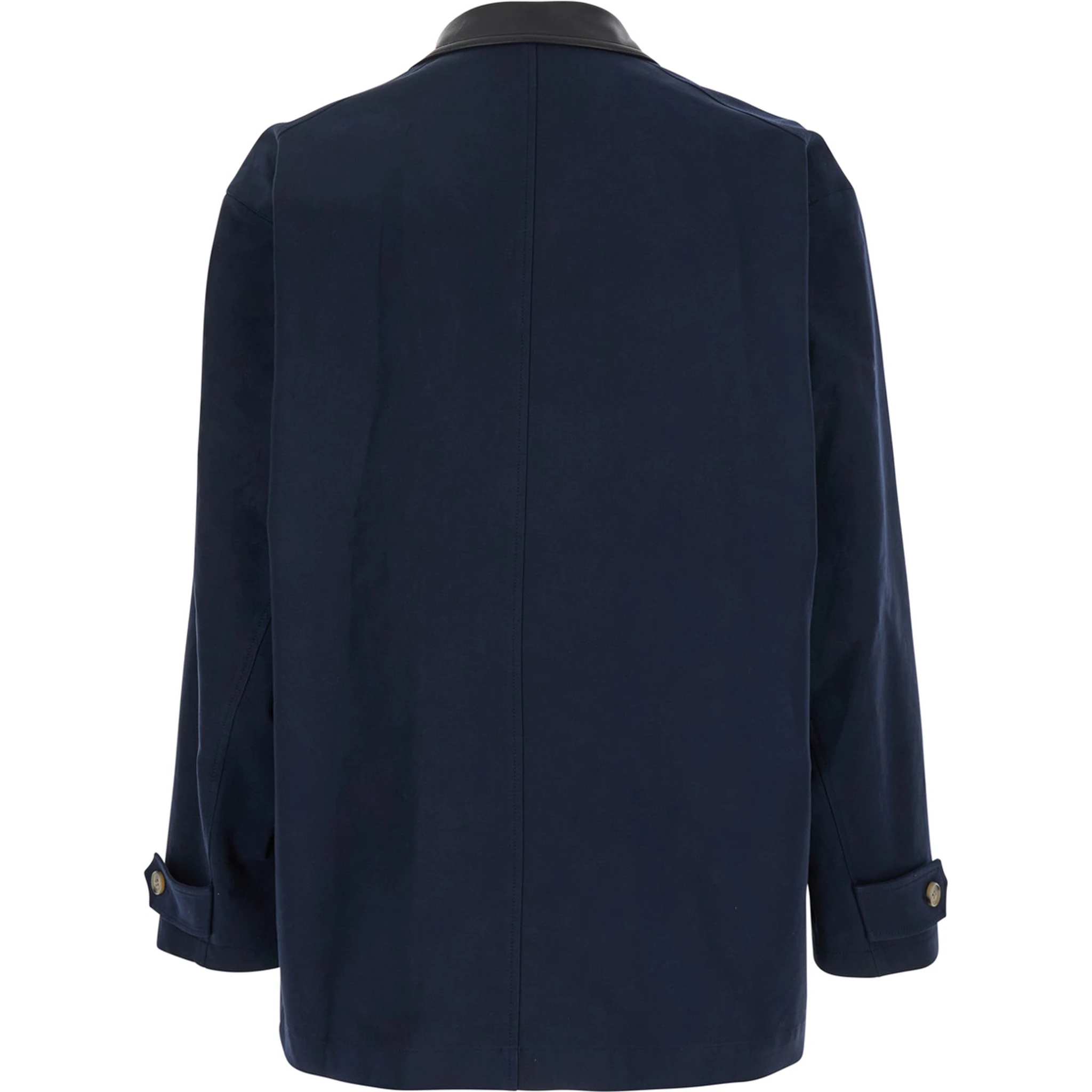 Blue Jacket with Leather Collar and Welt Chest Pockets in Cotton Man