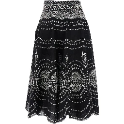 Livvy Black Midi Skirt with Scallop Hem and All-Over Embroidery in Cotton nad Linen Blend Woman