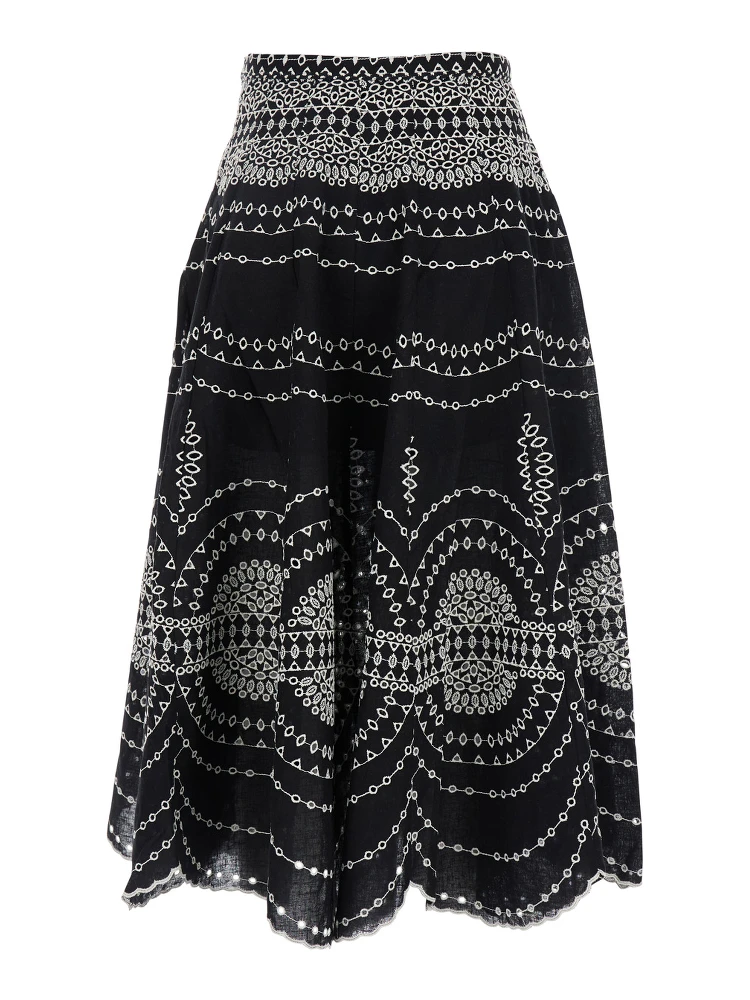 Livvy Black Midi Skirt with Scallop Hem and All-Over Embroidery in Cotton nad Linen Blend Woman alternative