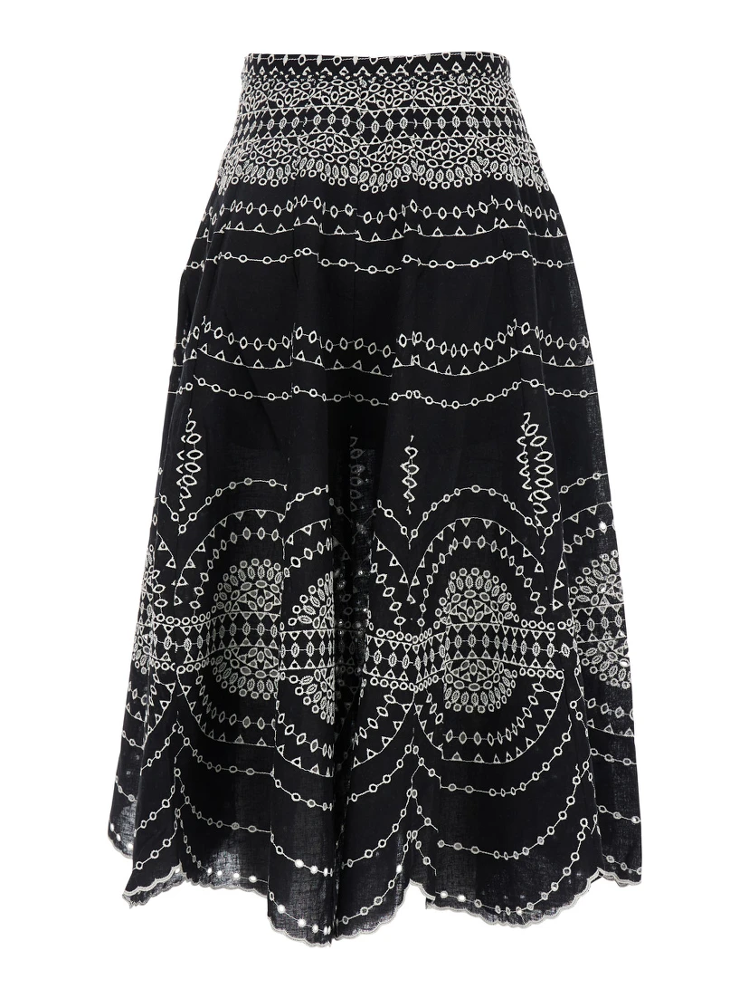 Livvy Black Midi Skirt with Scallop Hem and All-Over Embroidery in Cotton nad Linen Blend Woman