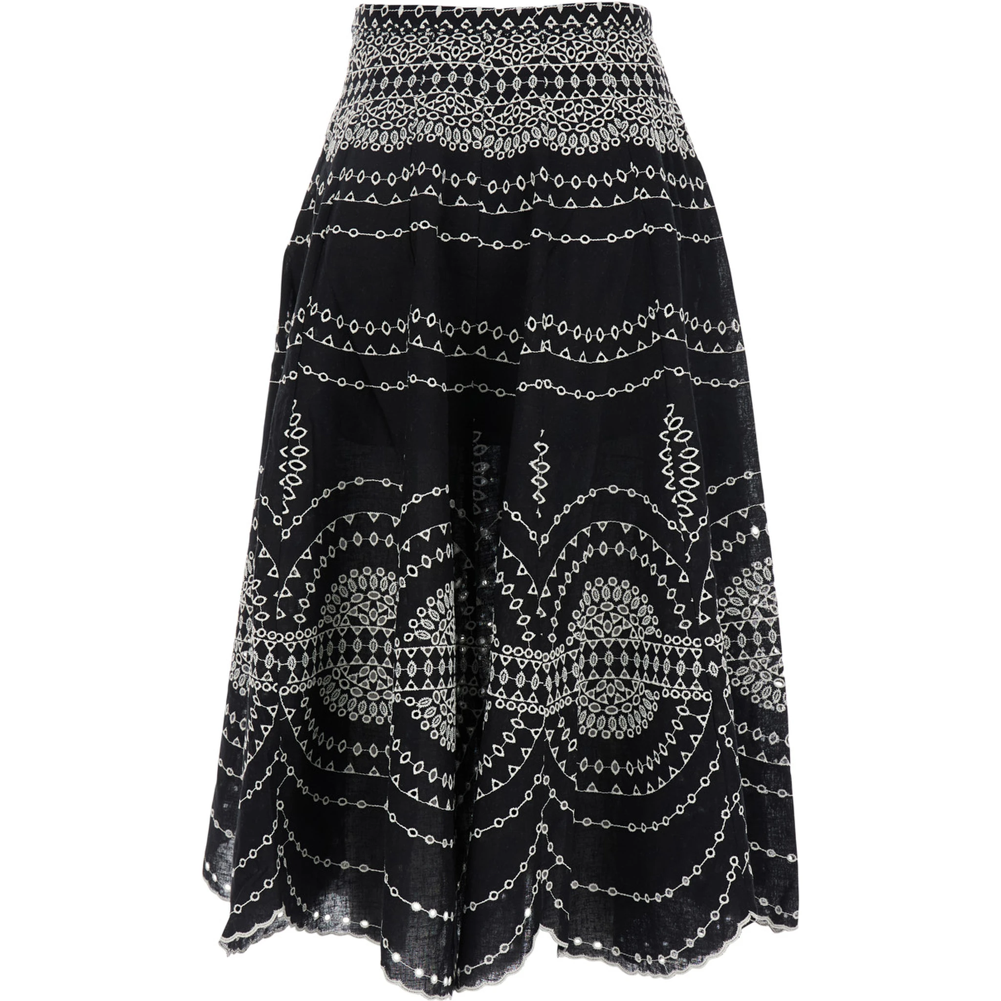 Livvy Black Midi Skirt with Scallop Hem and All-Over Embroidery in Cotton nad Linen Blend Woman