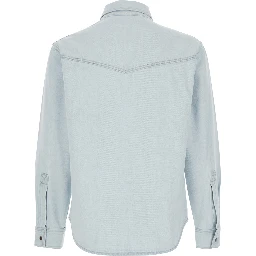 Light Blue Shirt with Chest Pockets and Logo Patch in Denim Man