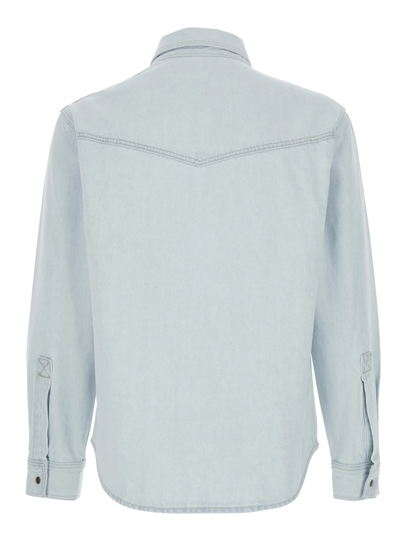 Light Blue Shirt with Chest Pockets and Logo Patch in Denim Man
