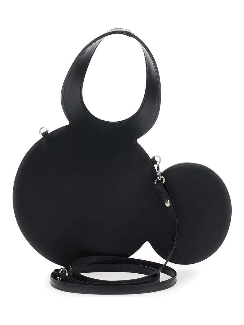 Mickey Black Crossbody Bag with Adjustable and Removable Shoulder Strap and Logo Lettering on the Front in Leather Woman