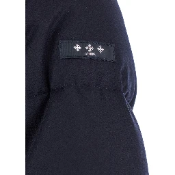 Antoldo Blue Down Jacket with Hood and Logo Patch in Wool Man