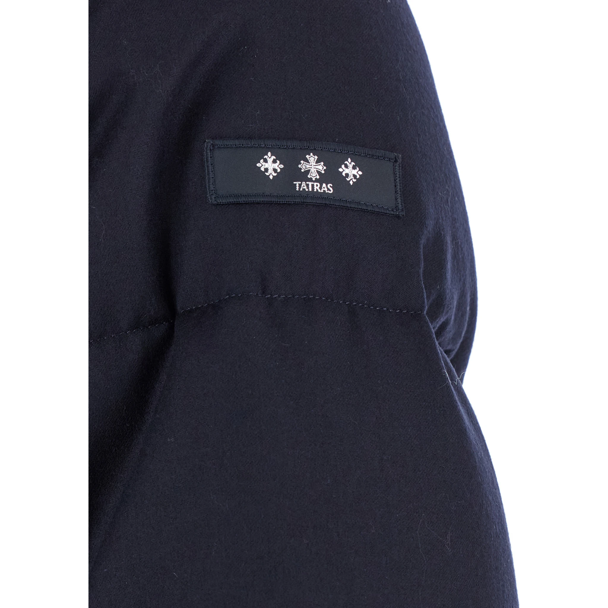 Antoldo Blue Down Jacket with Hood and Logo Patch in Wool Man