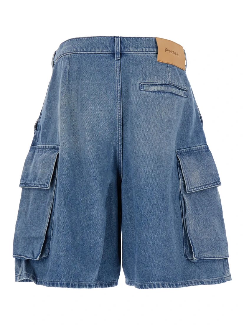 Light Blue Bermuda Shorts with Cargo Pockets and Logo Patch on the Back in Denim Man