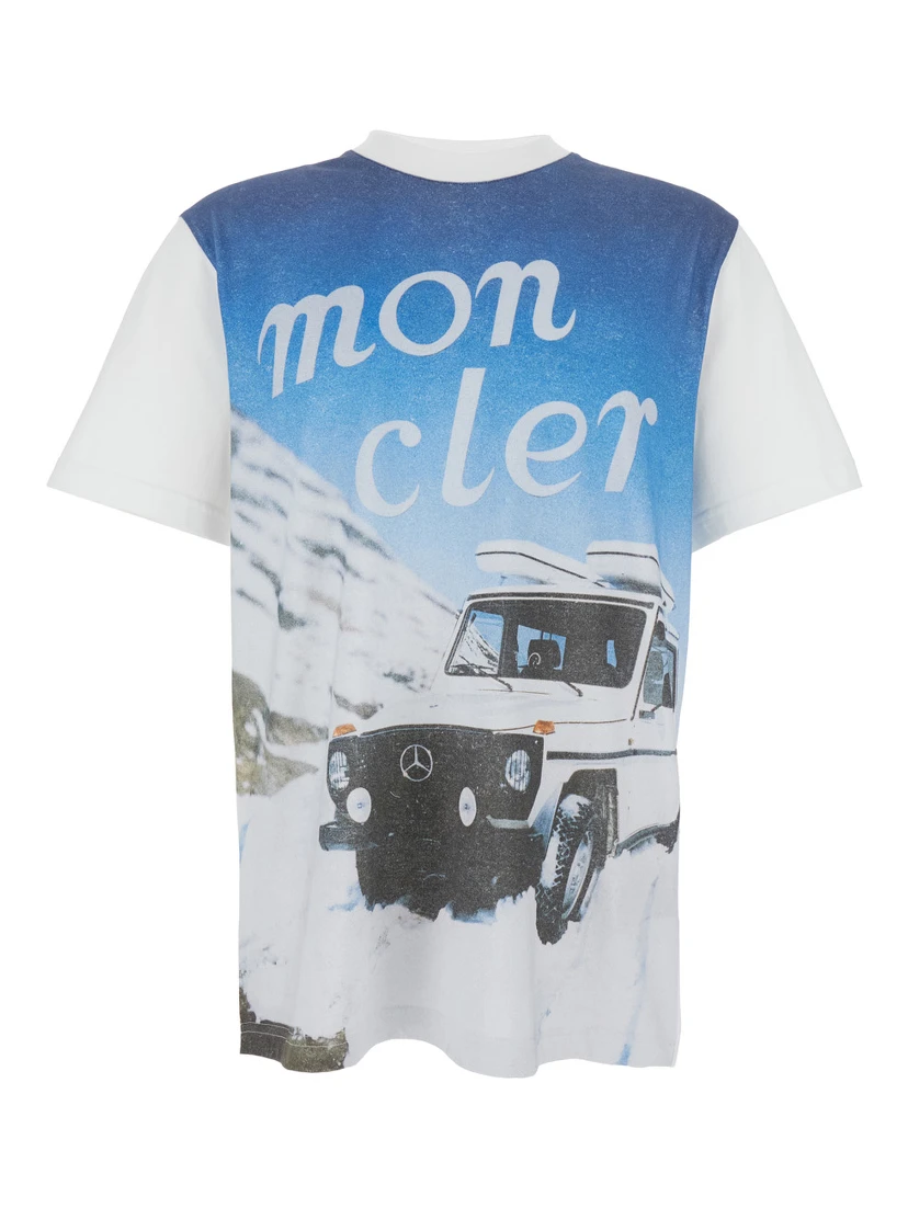 White Crewneck T-Shirt with Logoed Motif and Car Print in Cotton Jersey Man