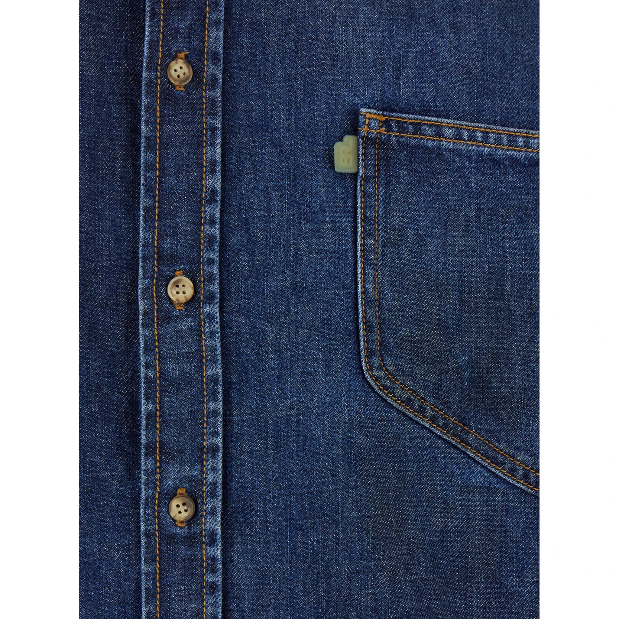 Blue Shirt with Pointed Collar and Logo Patch on the Front in Denim Man