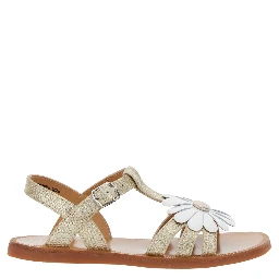 Plagette Metallic Open Toe Sandals with Daisy Flower Application on Front in Leather Girl