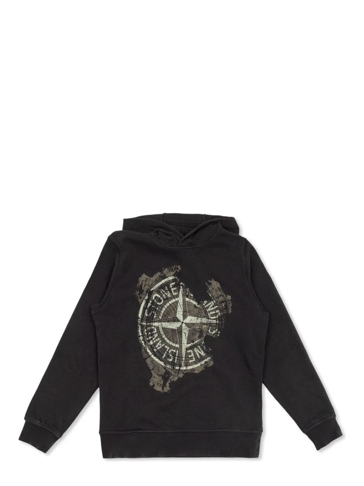 Black Hoodie with Fixed Hood and Maxi Logo Print on the Front in Cotton Boy