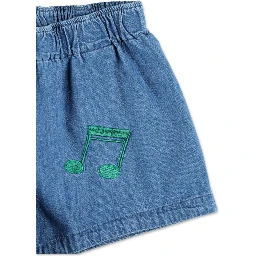 Blue Shorts with Elastic Waist and Music Notes Embroidery on the Front in Denim Girl