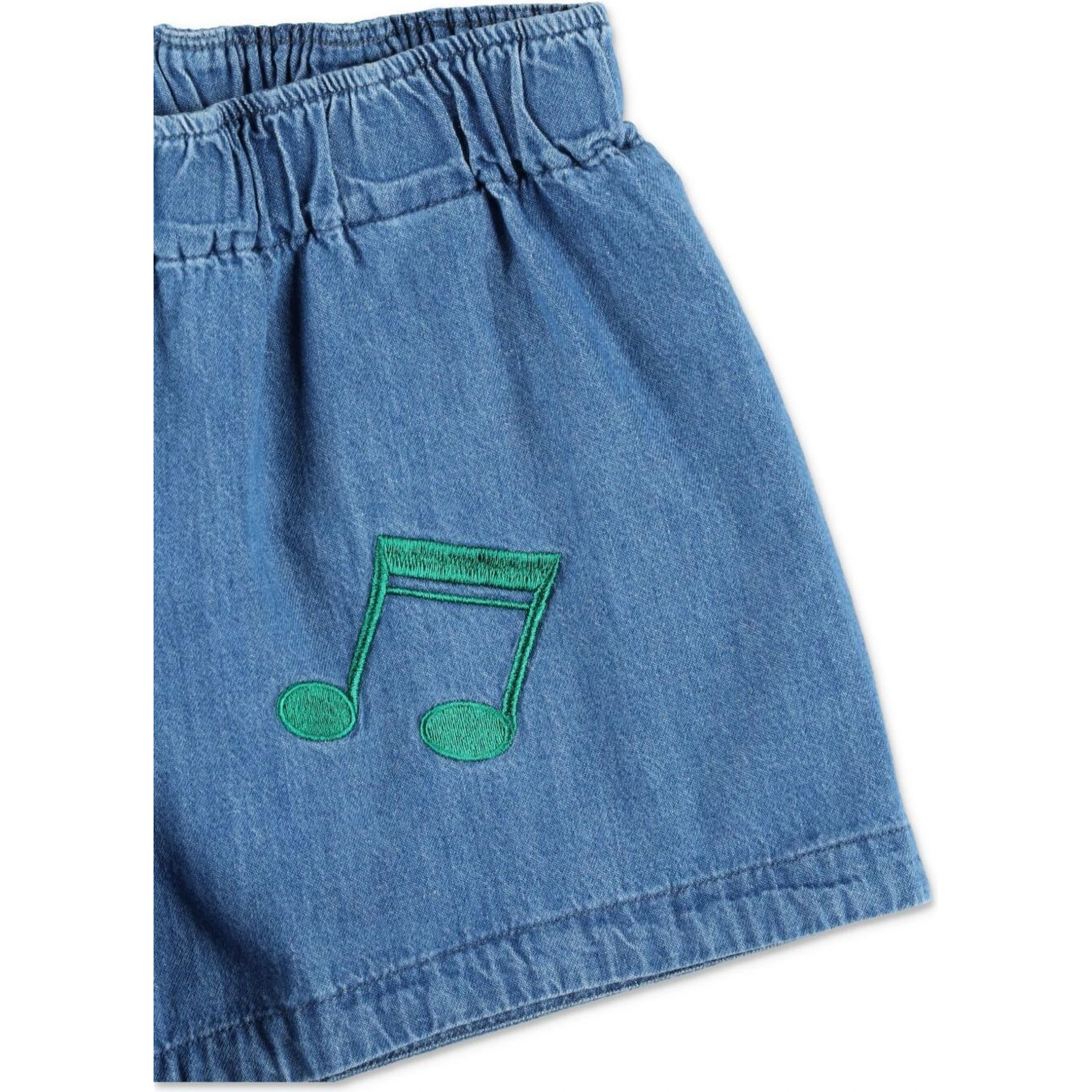 Blue Shorts with Elastic Waist and Music Notes Embroidery on the Front in Denim Girl