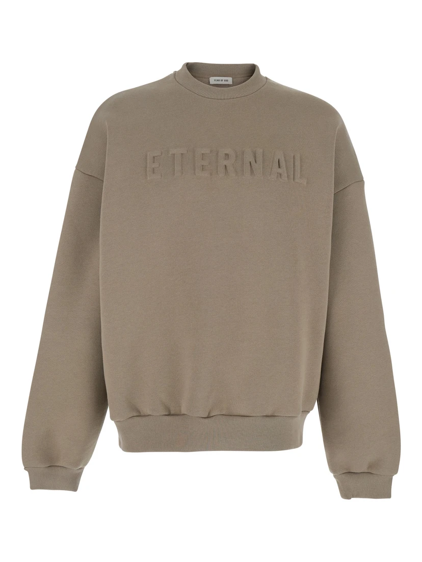 Eternal Beige Crewneck T-Shirt with Dropped Shoulders and Tonal Embroidery on the Front in Cotton Blend Man